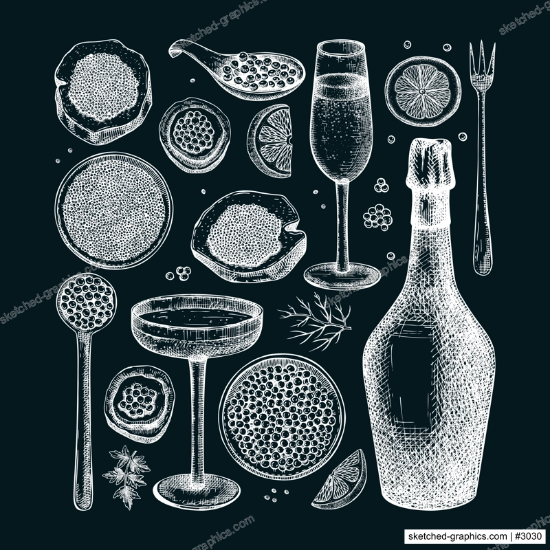 Caviar and champagne hand drawn illustrations collection. Hand drawn red caviar canape, canned black caviar, sparkling wine bottle, glasses sketches set. Seafood drawings isolated chalkboard