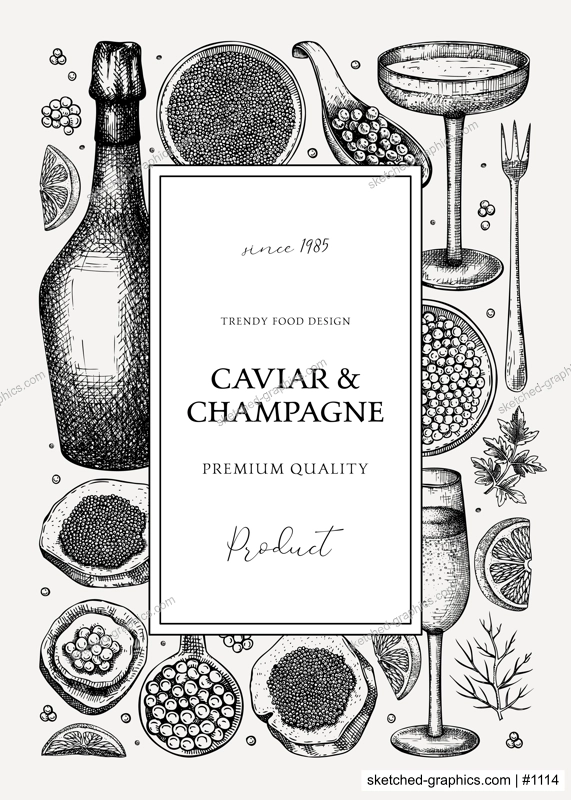 Caviar and champagne vintage illustration. Hand drawn frame with red caviar canape, canned black caviar, sparkling wine bottle, glasses sketches. Seafood background for menu, banner, label, prints.