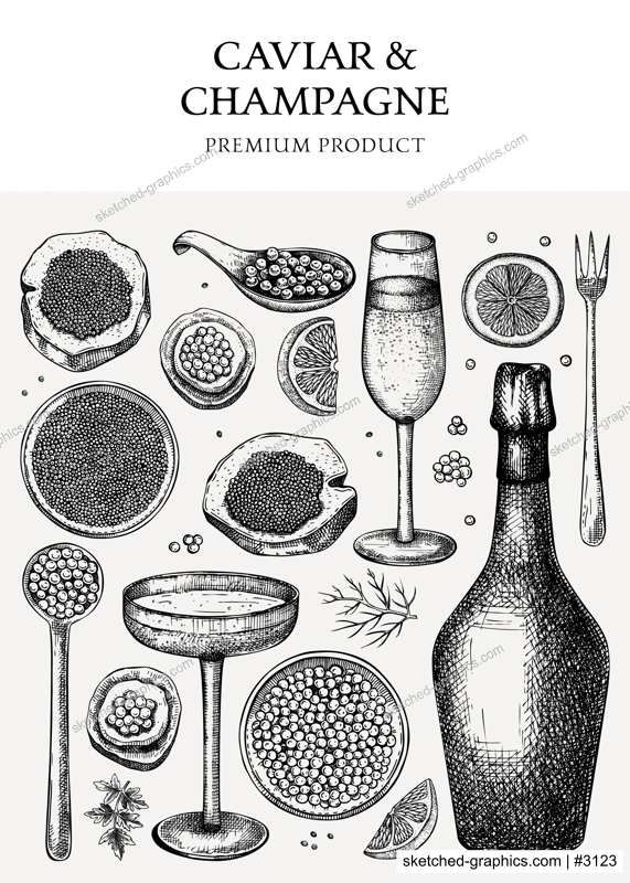 Caviar and champagne vintage design. Hand drawn menu template with red caviar canape, canned black caviar, sparkling wine bottle, glasses sketches. Seafood background in retro style