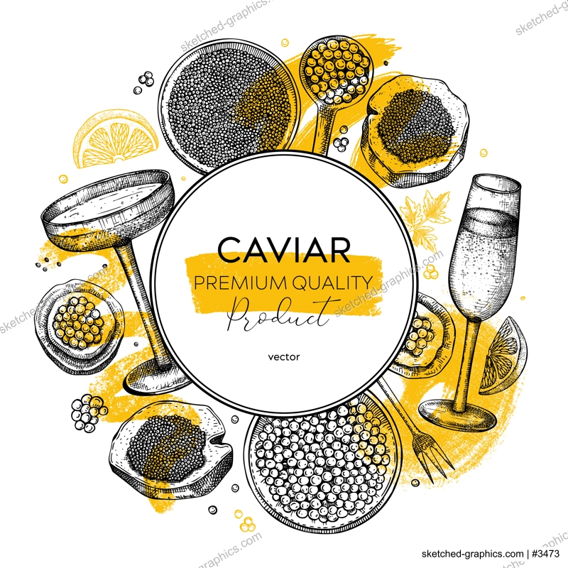 Collage-style seafood background. Caviar and champagne trendy wreath design. With hand drawn red caviar canape, canned black caviar, sparkling wine bottle, glasses sketches and abstract shapes