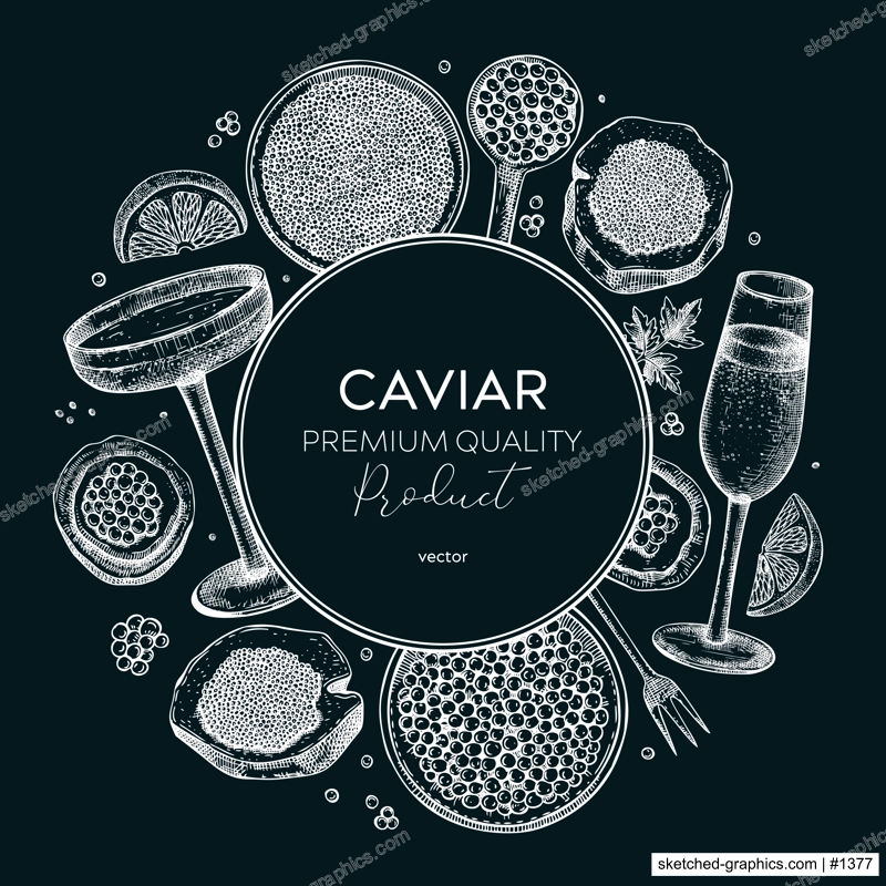 Caviar and champagne wreath design on chalkboard. Hand drawn menu template with red caviar canape, canned black caviar, sparkling wine bottle, glasses sketches. Seafood vintage background