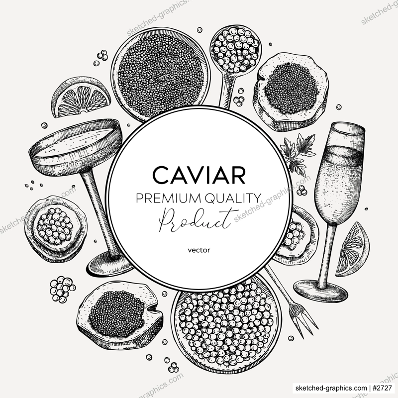 Caviar and champagne hand drawn illustration. Hand drawn wreath with red caviar canape, canned black caviar, sparkling wine bottle, glasses sketches. Seafood background in vintage style