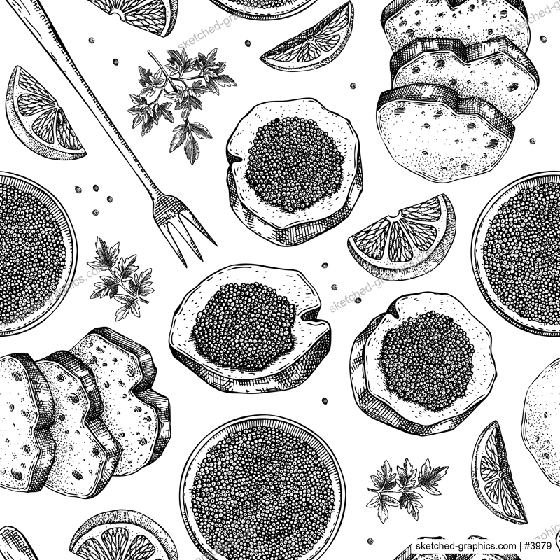 Seafood background for restaurant or finger food menu design. Hand-drawn sketches of canned caviar, black caviar canape, bread, lemons. Sea delicacy seamless pattern in sketched style.
