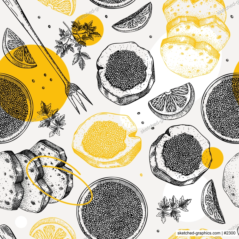 Seafood background for restaurant or finger food menu design. Hand-drawn sketches of canned caviar, black caviar canape, bread, lemons. Sea delicacy seamless pattern in collage style.