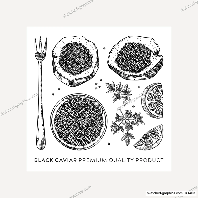 Hand-drawn caviar sketches set isolated on white background. Black caviar in opened tin can, caviar canape, lemons, spices vector drawings. Seafood delicacy illustrations for restaurant or finger food