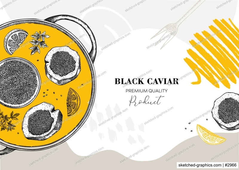 Seafood delicacy banner in collage style for restaurant menu design. Hand-drawn tray with canned caviar, black caviar canape, lemons and spices illustrations. Finger food sketched background