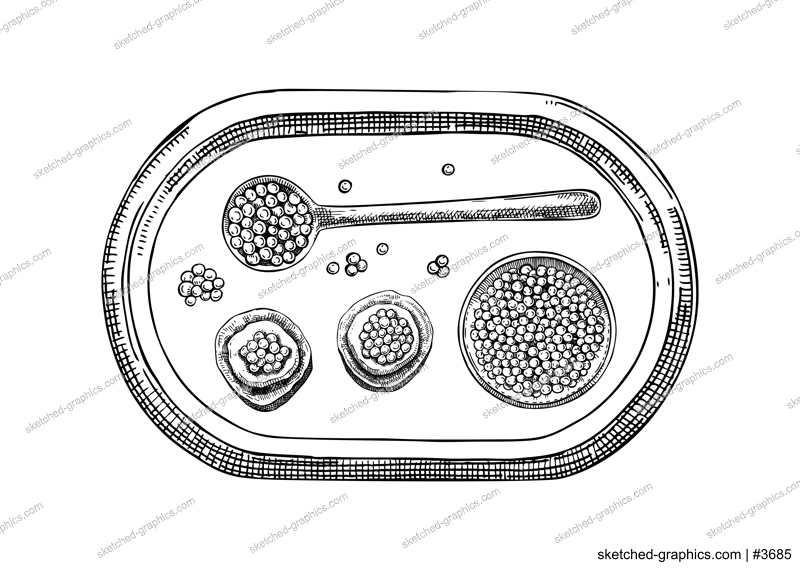 Seafood delicacy composition in sketched style for restaurant menu design. Hand-drawn tray with canned caviar, red caviar canape, lemons and spoon illustrations. Finger food sketched background