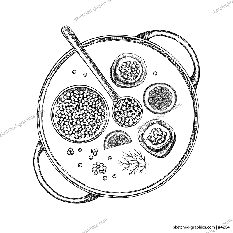 Hand-drawn tray with canned caviar, red caviar canape, lemons and dill illustrations. Finger food sketches set. Seafood delicacy drawings in sketched style isolated on white background