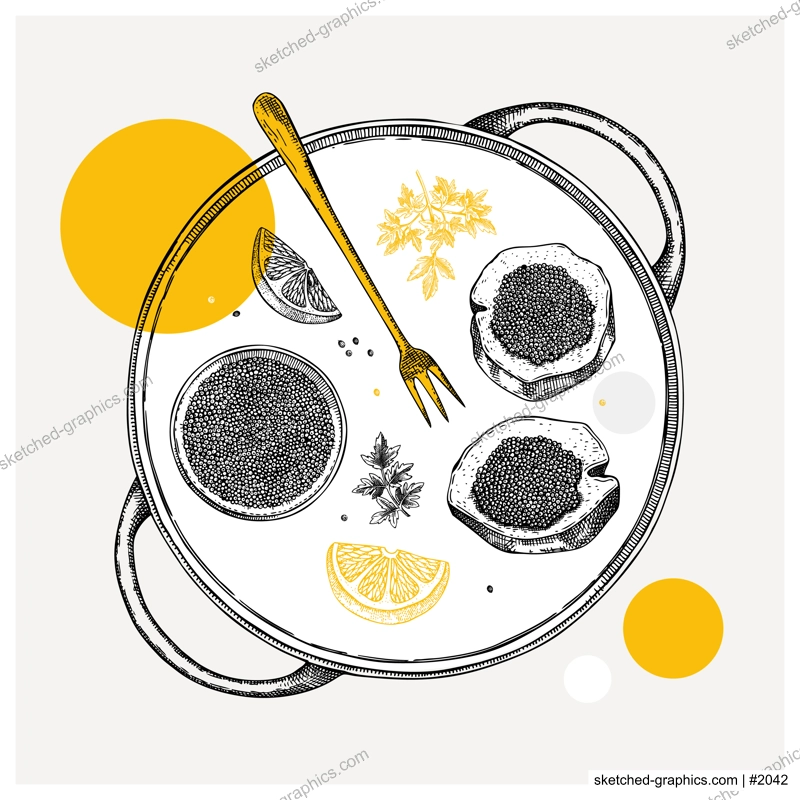 Hand-drawn tray with canned caviar, black caviar canape, lemons and spices illustrations. Finger food sketches set. Seafood delicacy drawings in collage style for restaurant menu design