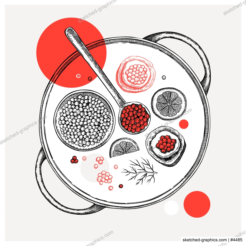 Hand-drawn tray with canned caviar, red caviar canape, lemons and dill illustrations. Finger food sketches set. Seafood delicacy drawings in collage style for restaurant menu design
