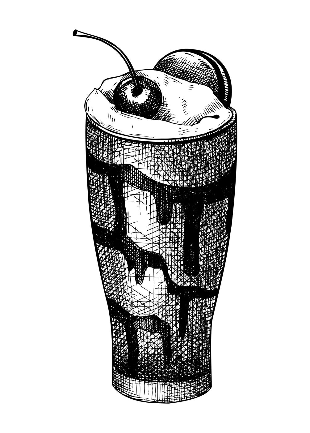 Hand-sketched milkshake glass  illustration. Vector sketch of the popular drink isolated on white background. Fast food drawing of milk cocktail glass with chocolate for bar or restaurant menu design. Illustration