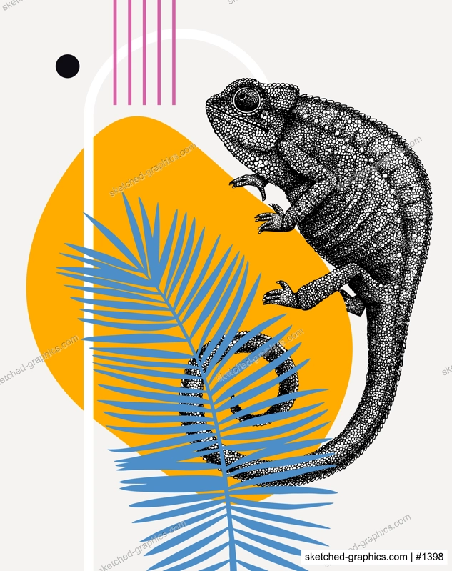 Collage style chameleon vector illustration. Hand-sketched reptile on palm leaf. Trendy design with botanical, geometric shapes, abstract elements. Perfect for print, poster, card. Chameleon wall art