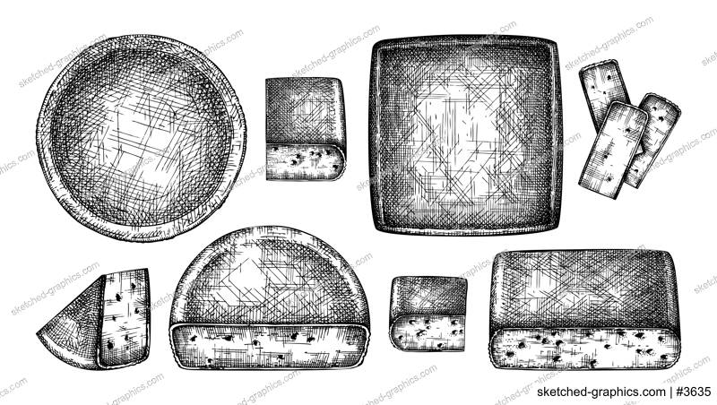 Sketch style cheese collection. Hand-drawn food illustrations. Dairy products vector drawings. NOT AI generated