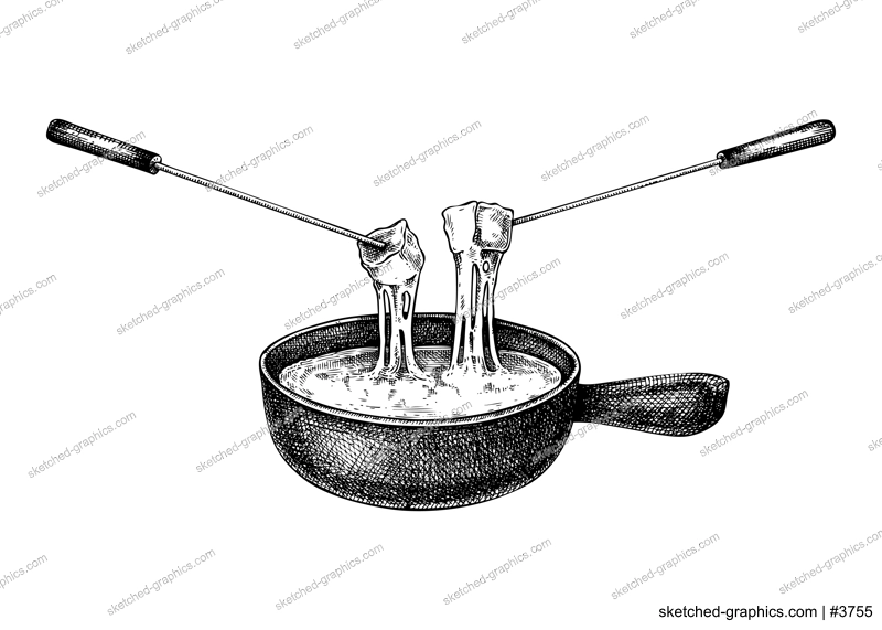 Cheese fondue sketch. Hand-drawn food illustration. Melted cheese in pot vector drawing. French cuisine menu design element. NOT AI generated