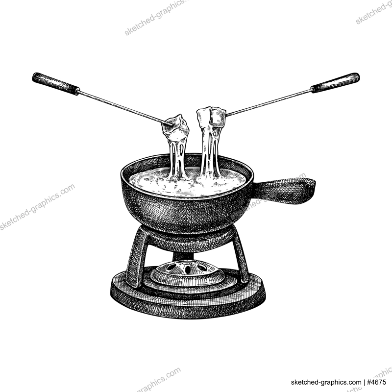 Cheese fondue sketch. Hand-drawn food illustration. Melted cheese in pot vector drawing. French cuisine menu design element. NOT AI generated