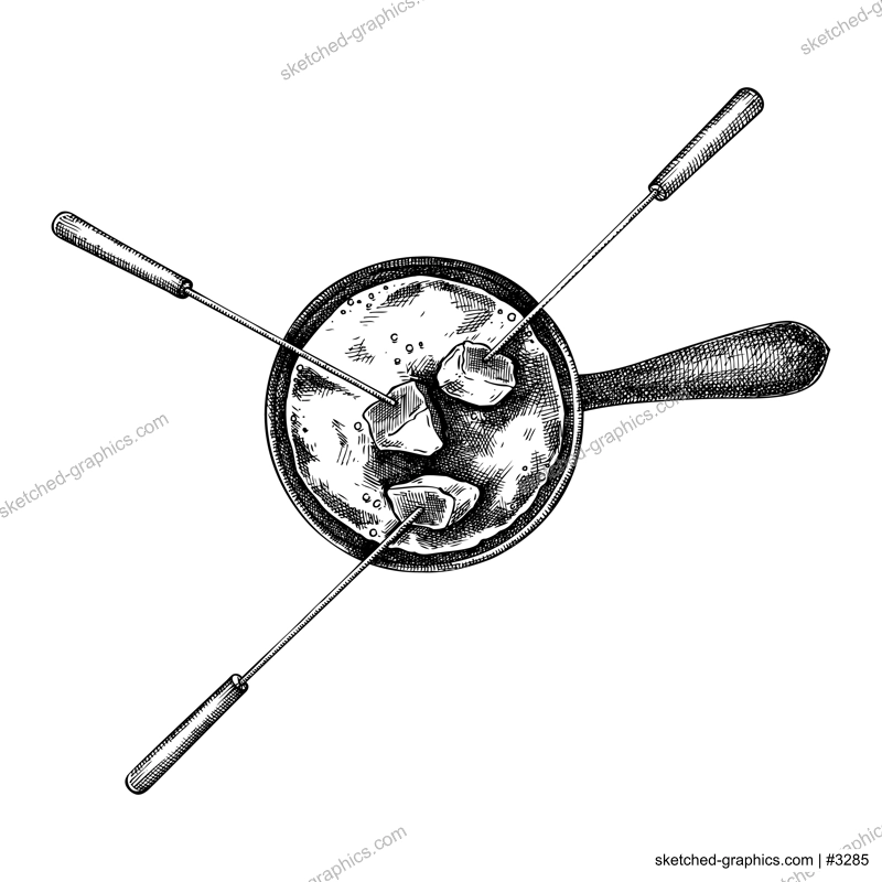 Cheese fondue sketch. Hand-drawn food illustration. Melted cheese in pot vector drawing. French restaurant menu design element. NOT AI generated
