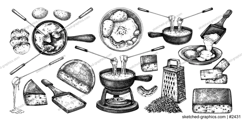 Cheese fondue sketches set. Hand-drawn food illustrations. Dairy products, melted cheese, fondue pots vector drawings. NOT AI generated