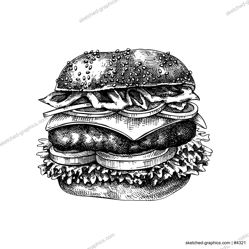 Cheeseburger sketch. Hand drawn vector illustration of burger. Fast food drawing in vintage style