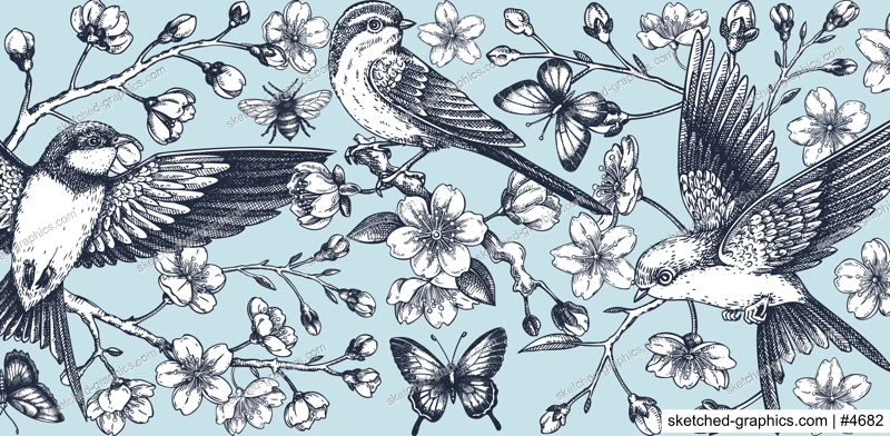 Hand drawn floral illustration for print. T-shirt design. Cherry blossom and flying bird sketch illustration. Vintage spring background. NOT AI generated