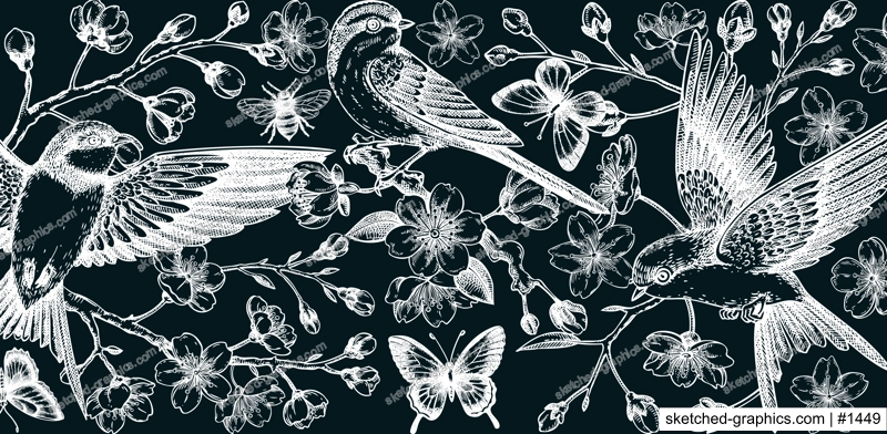 Hand drawn floral illustration for print. T-shirt design. Cherry blossom and flying bird chalk drawing. Vintage spring background. NOT AI generated