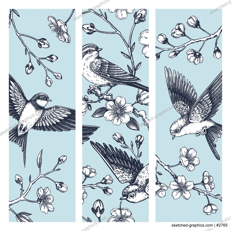 Hand drawn spring bookmark design. Cherry blossom and flying bird sketch illustration. Japanese style template for printNOT AI generated