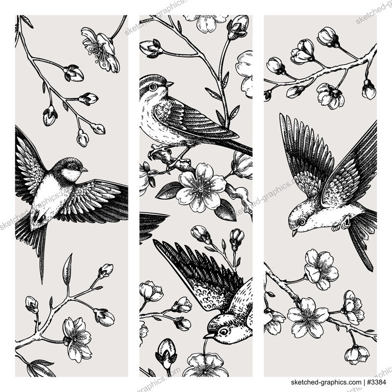 Hand drawn spring bookmark design. Cherry blossom and flying bird sketch illustration. Japanese style template for printNOT AI generated