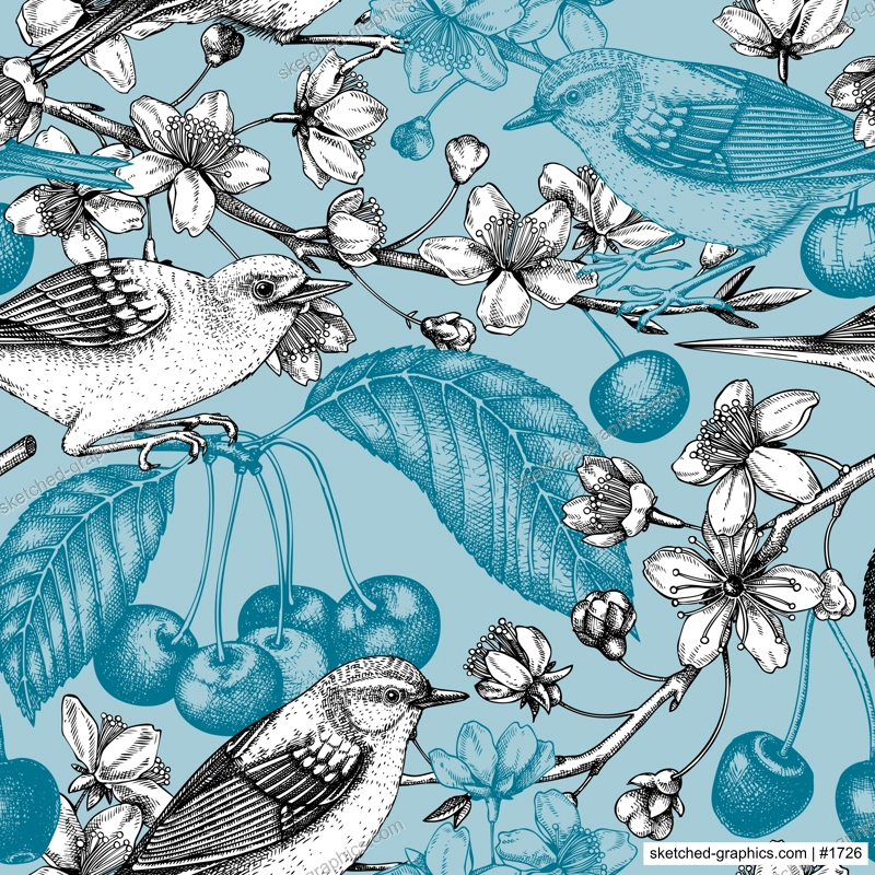 Cherry blossom branch seamless pattern. Vintage spring background with birds vector drawing. Blooming tree in sketch style, sakura with flowers, berries, leaves. Yellow warbler spring background 