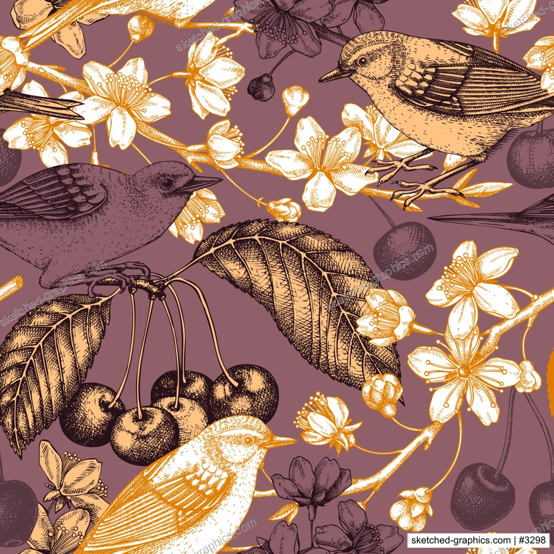 Cherry blossom branch seamless pattern. Vintage spring background with birds vector drawing. Blooming tree in sketch style, sakura with flowers, berries, leaves. Yellow warbler spring background 