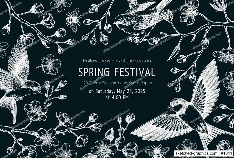 Hand drawn spring background. Cherry blossom frame design. Sakura flower, flying bird chalk drawings. NOT AI generated