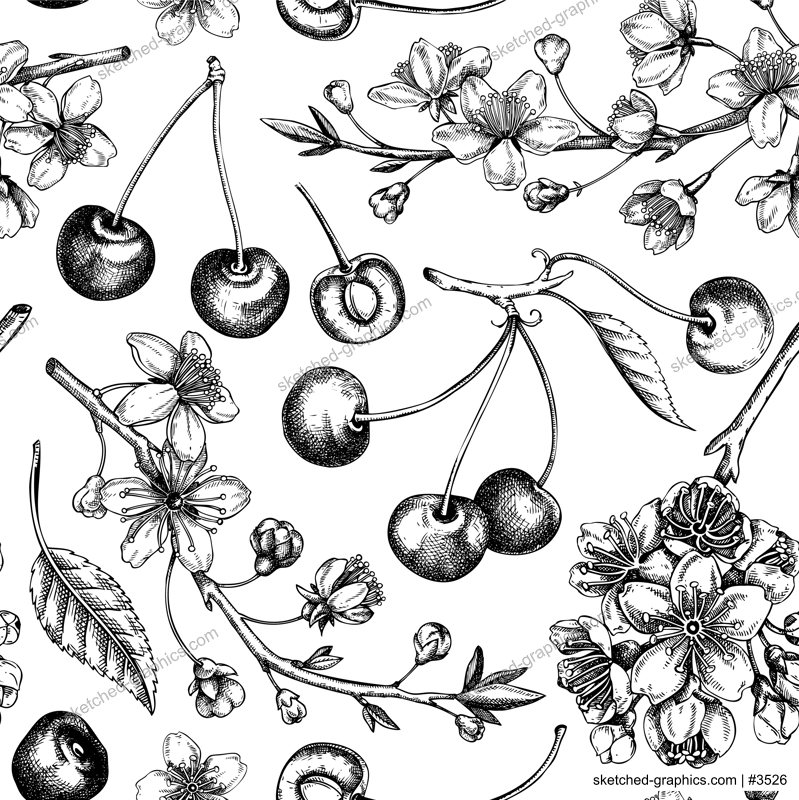 Berry fruit background. Cherry berries, leaves, flowers sketches. Cherry blossom hand-drawn vector illustration. Floral seamless pattern. NOT AI genereted