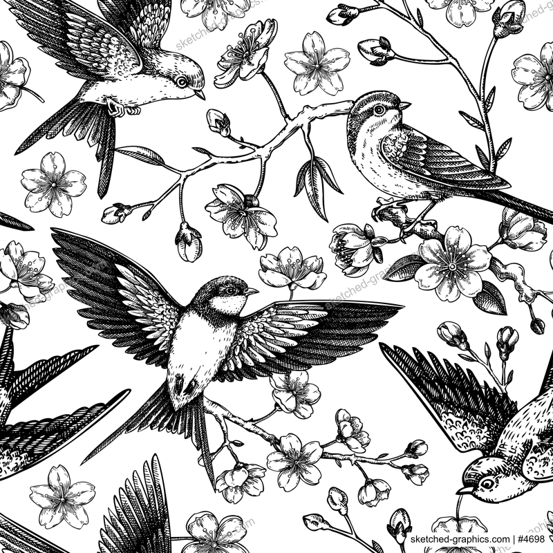 Spring seamless pattern. Sakura flower background. Cherry blossom, flying birds sketch illustration. NOT AI generated