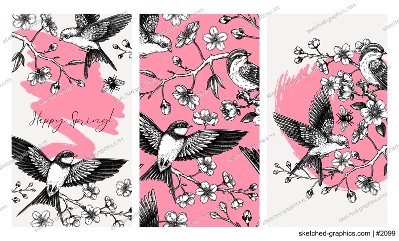 Hand drawn spring social media template. Cherry blossom and flying birds sketch illustration. Web design. NOT AI generated
