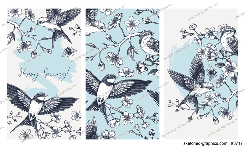 Hand drawn spring social media template. Cherry blossom and flying birds sketch illustration. Web design. NOT AI generated