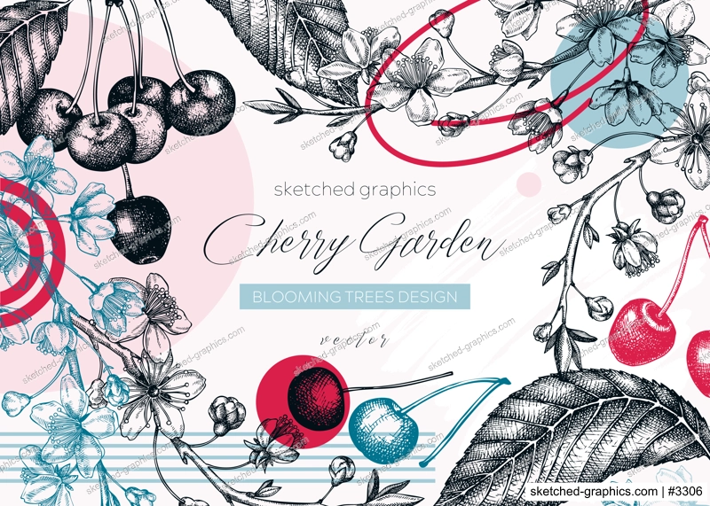 Collage-style spring background. Cherry blossom tree sketches. Vector frame with hand drawn cherry berries, leaves, flowering branches illustrations. Black contoured sakura  banner design