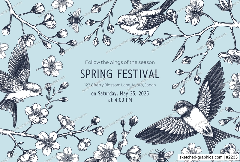 Hand drawn spring background. Cherry blossom blue frame design. Sakura flower, flying bird sketch illustration. NOT AI generated