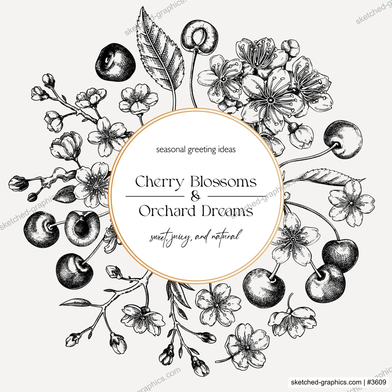 Summer greeting card, engraved style. Cherry blossom, sakura flowers, berry fruit hand drawn vector illustration. NOT AI generated