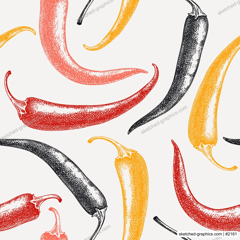 Fresh Chili pepper sketches background. Spicy vegetable seamless pattern with tree hand-sketched food plants. Vector backdrop with raw cultivated chili. For grocery, markets, packaging, wrapping paper