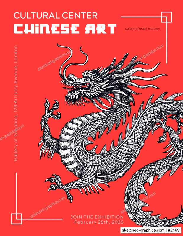 China style flyer design template. Chinese dragon hand-drawn vector illustration. NOT AI generated