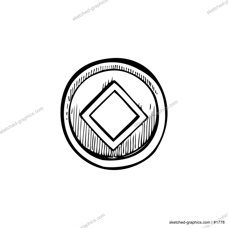 Traditional Chinese gold coin sketch. Hand drawn vector illustration. NOT AI generated