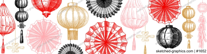 Chinese lantern and folding fan sketch. Lunar New Year decoration. China style website banner vector template. NOT AI generated image