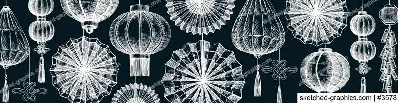 Chinese lantern and folding fan sketch. Lunar New Year decoration on chalkboard. China style website banner vector template. NOT AI generated image