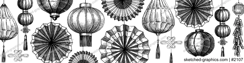 Chinese lantern and folding fan sketch. Lunar New Year decoration. China style website banner vector template. NOT AI generated image