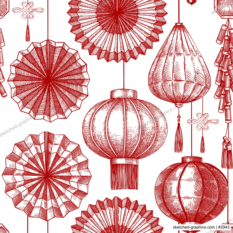 Chinese lantern and folding fan sketch. Lunar New Year background. China seamless pattern. NOT AI generated image