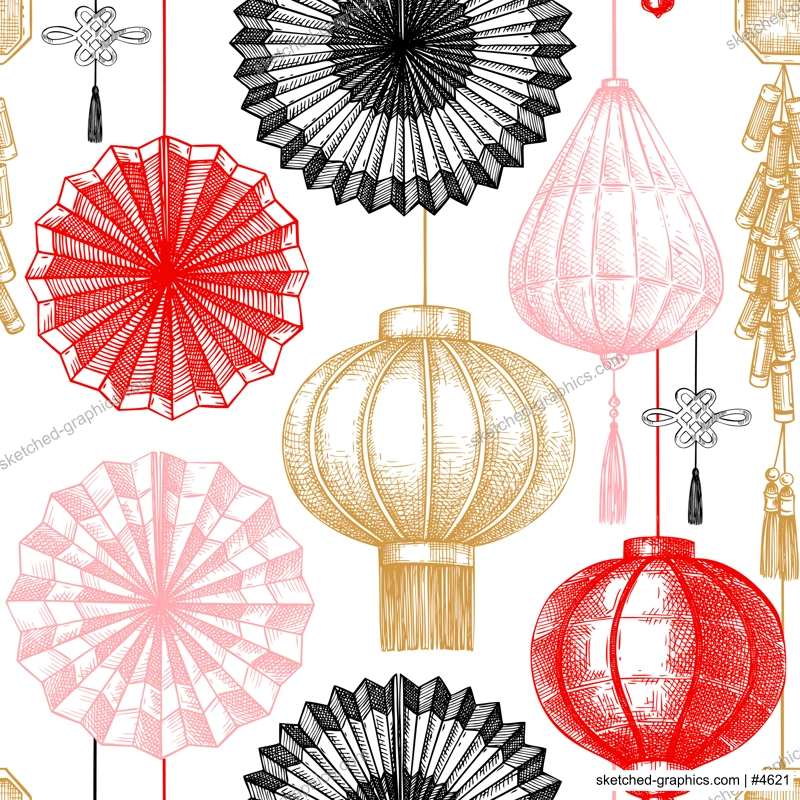 Chinese lantern and folding fan sketch. Lunar New Year background. China seamless pattern. NOT AI generated image
