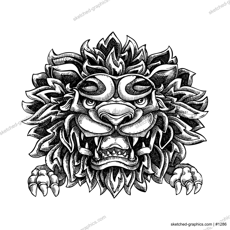 Chinese lion head sketch. Hand-drawn vector illustration. Traditional China mythical animal drawing. NOT AI generated