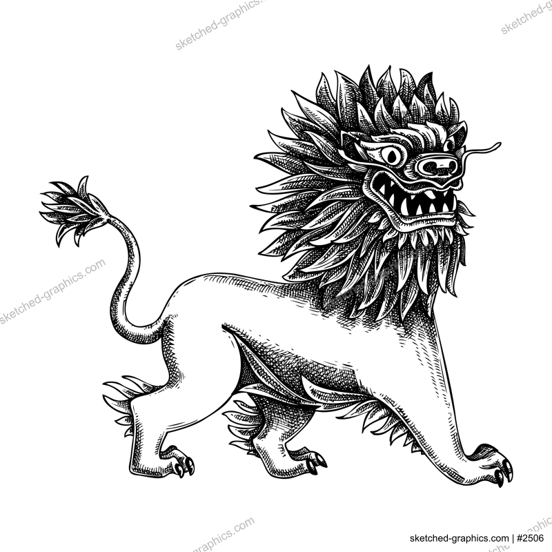 Vector sketch of magical lion in Chinese style. Hand-drawn fantastic animal character vector illustration. NOT AI generated