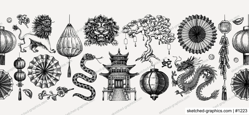 Chinese New Year decoration in sketch style. China seamless border on chalkboard. NOT AT generated
