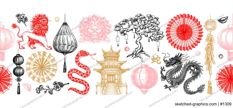 Chinese New Year decoration in sketch style. China seamless border on chalkboard. NOT AT generated