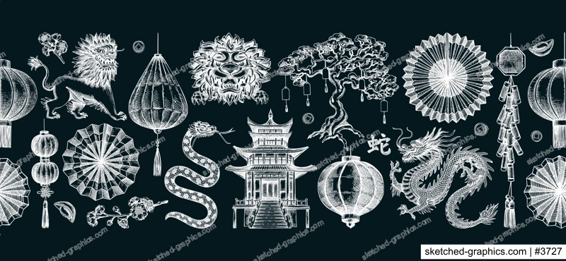 Chinese New Year decoration in sketch style. China seamless border on chalkboard. NOT AT generated