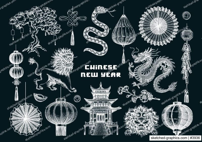 Chinese New Year decoration in sketch style. China sketches on chalkboard. NOT AT generated